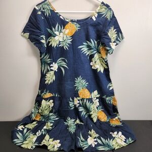 Iolani Hawaiian Aloha Drop Waist Dress Short Sleeve M Blue Tropical Pineapple